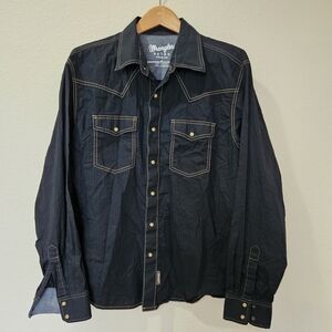 Men's Wrangler Retro Dobby Dark Navy Long Sleeve Pearl Snap Western Shirt XL